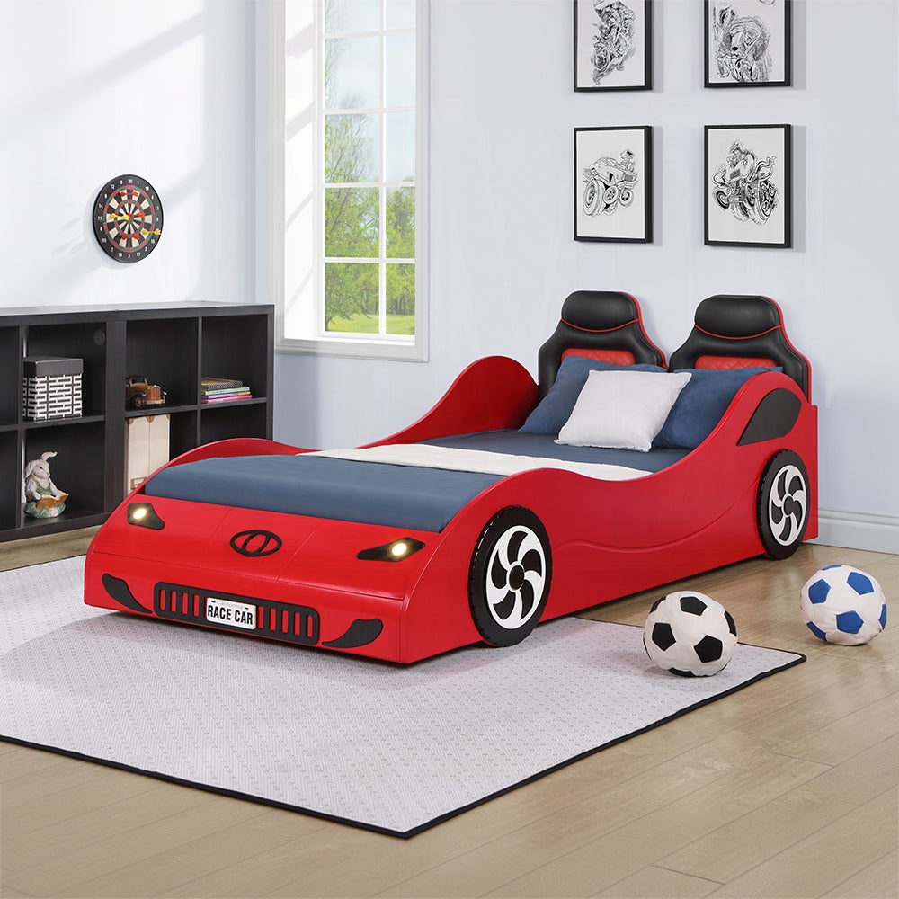 Zaria Colen Collection Twin Red Wood Race Car Bed  LED Lights & Padded Headboard