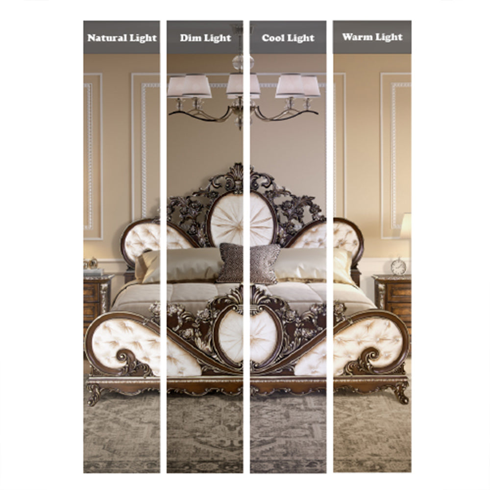 Beatrice Devany Eastern King Upholstered Bed – Cream Fabric & Carved Cherry Wood