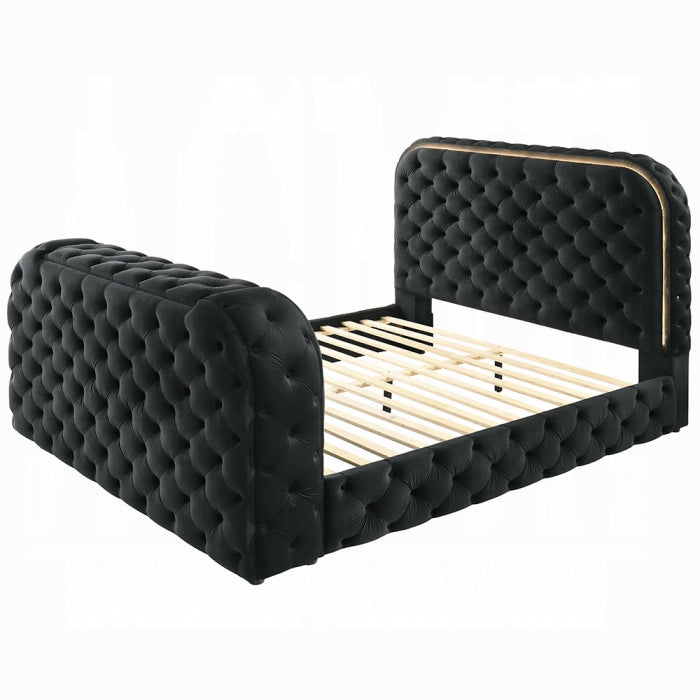 Kana Eastern King Bed w/LED, Fireplace & TV Stand, Black Upholstery Velvet