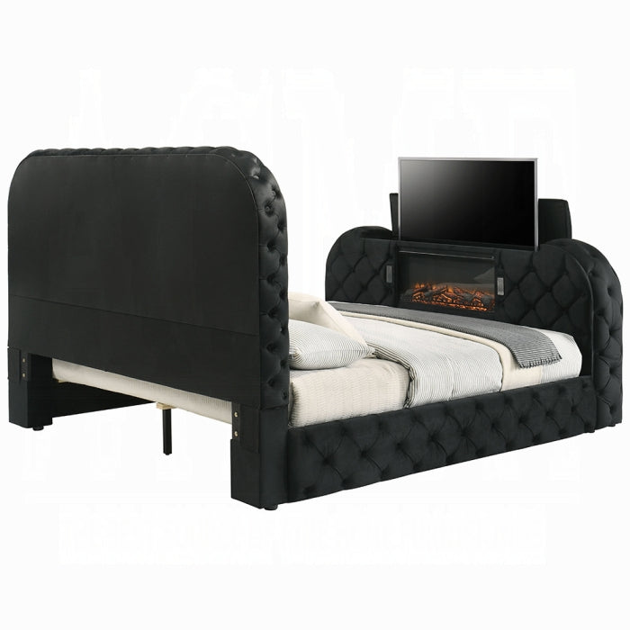 Kana Eastern King Bed w/LED, Fireplace & TV Stand, Black Upholstery Velvet