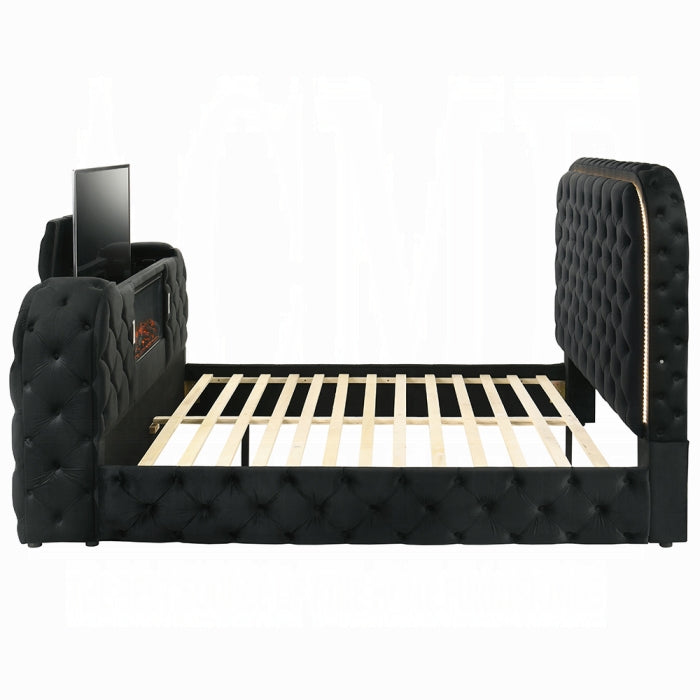 Kana Eastern King Bed w/LED, Fireplace & TV Stand, Black Upholstery Velvet