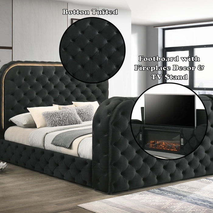 Kana Queen Bed w/LED, Fireplace & TV Stand, Black Upholstery Velvet