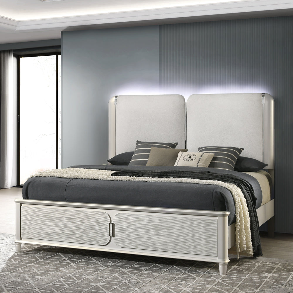 Laveda Eastern King Bed w/LED, Light Gray Boucle & Pearl White Finish