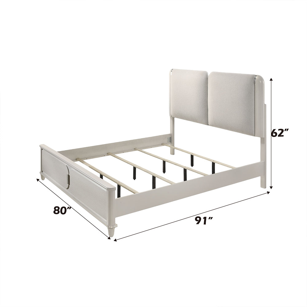 Laveda Eastern King Bed w/LED, Light Gray Boucle & Pearl White Finish