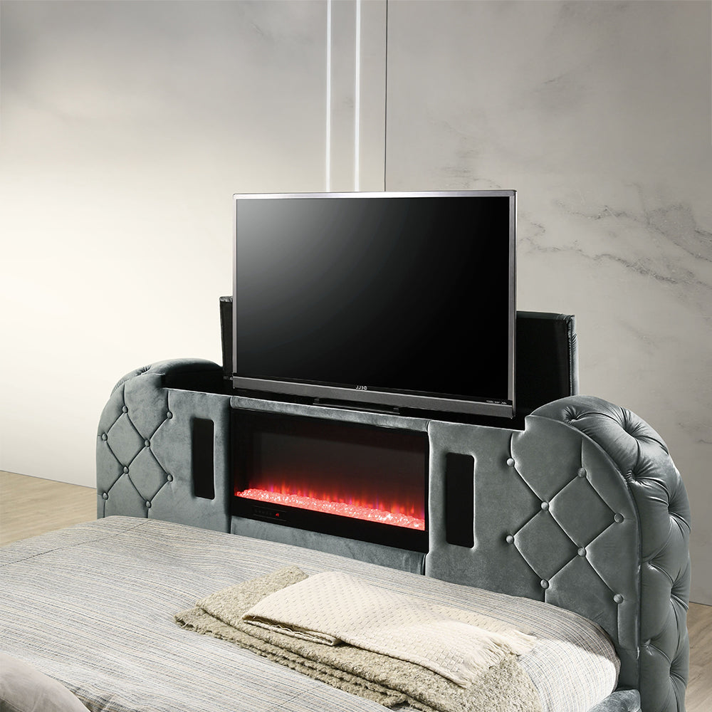Kenner Kana Eastern King Storage Bed in Gray Wood LED Backlit Headboard & Built-In Fireplace