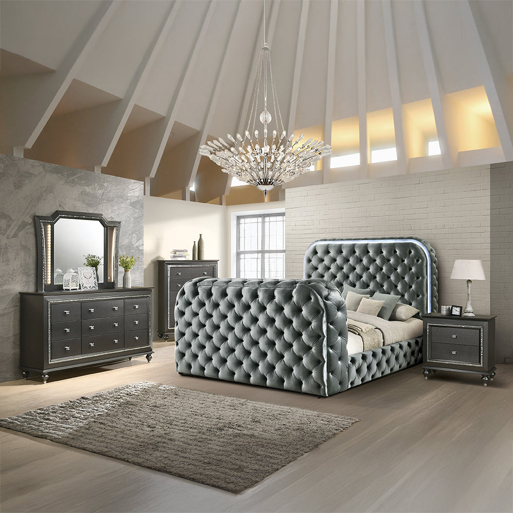 Kenner Kana Eastern King Storage Bed in Gray Wood LED Backlit Headboard & Built-In Fireplace