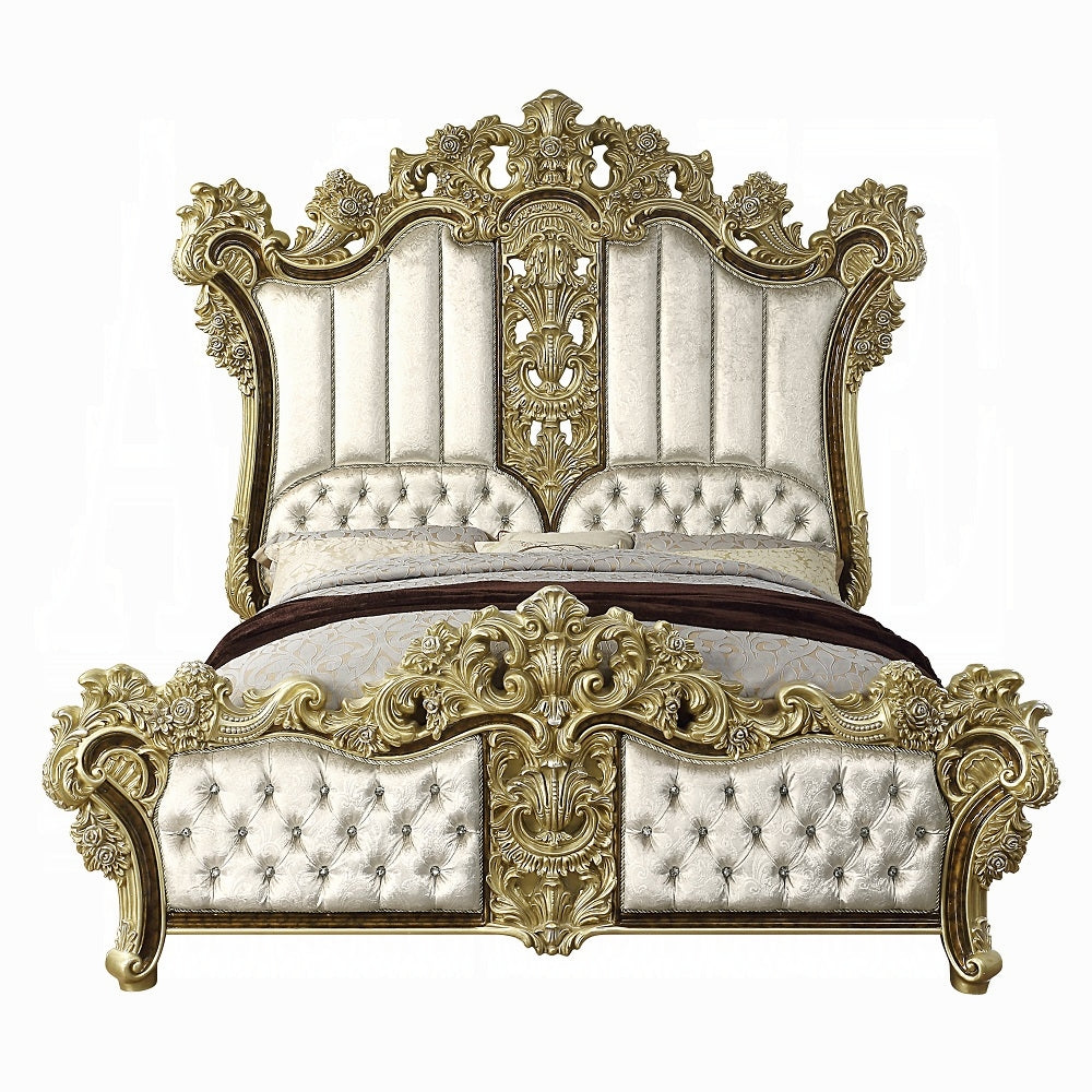 Desiderius Eastern King Bed, Beige Fabric, Antique Gold & Hand Paint Brown