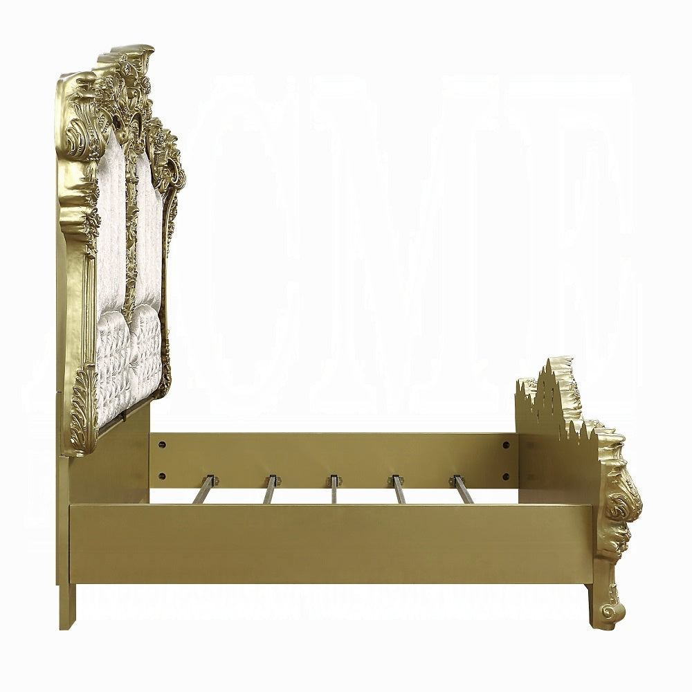 Desiderius Eastern King Bed, Beige Fabric, Antique Gold & Hand Paint Brown