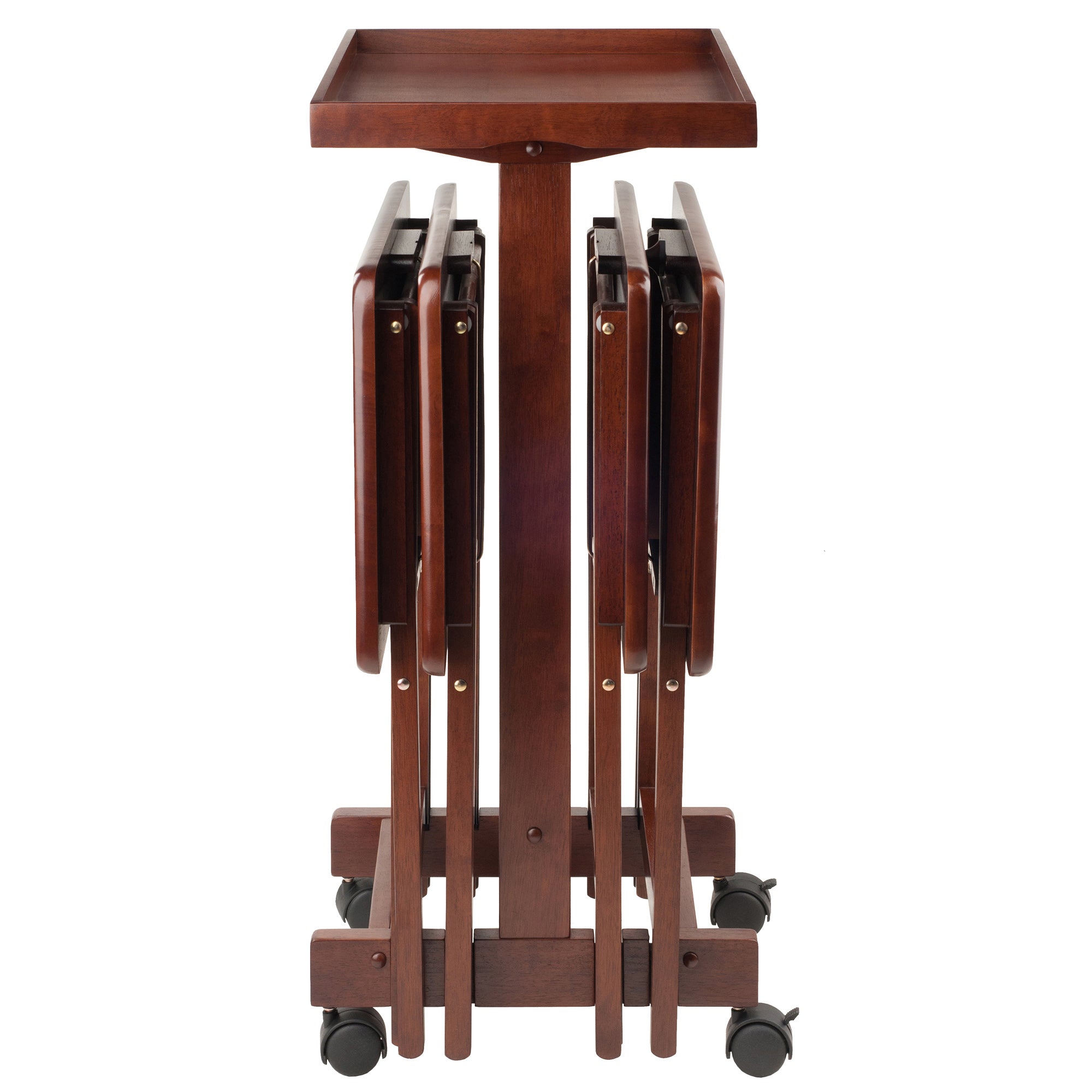 Isabelle Set of 4 Snack Tables with Mobile Stand and Removable Tray, Walnut