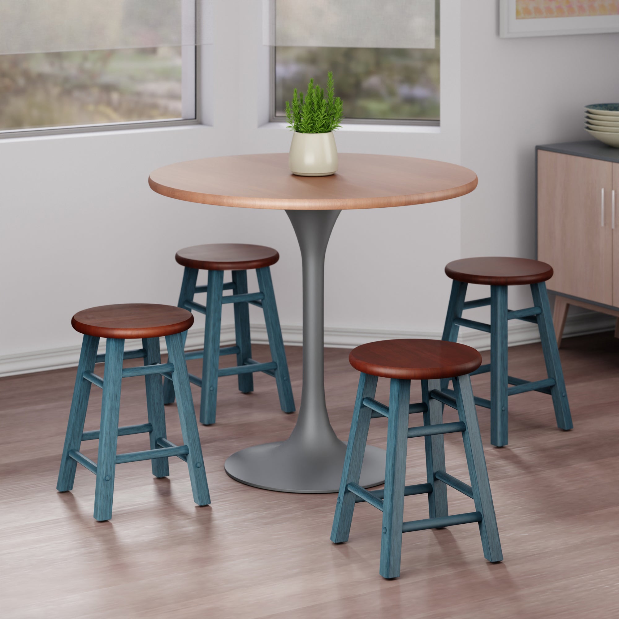 Element 2-Pc Dining Stool Set, Rustic Teal & Walnut