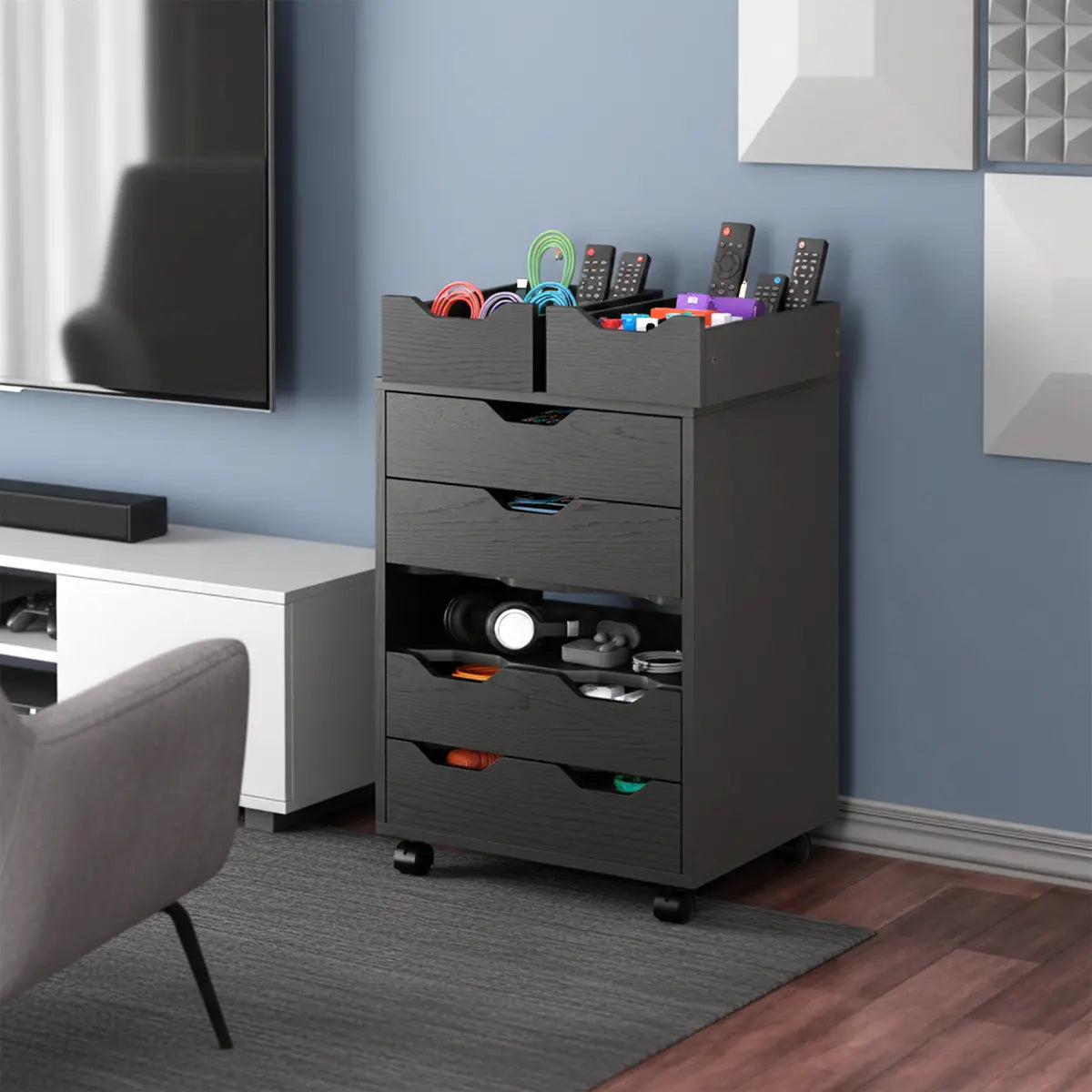 Norfolk 6 Bins, 2 Drawer Mobile Cabinet, Black Finish