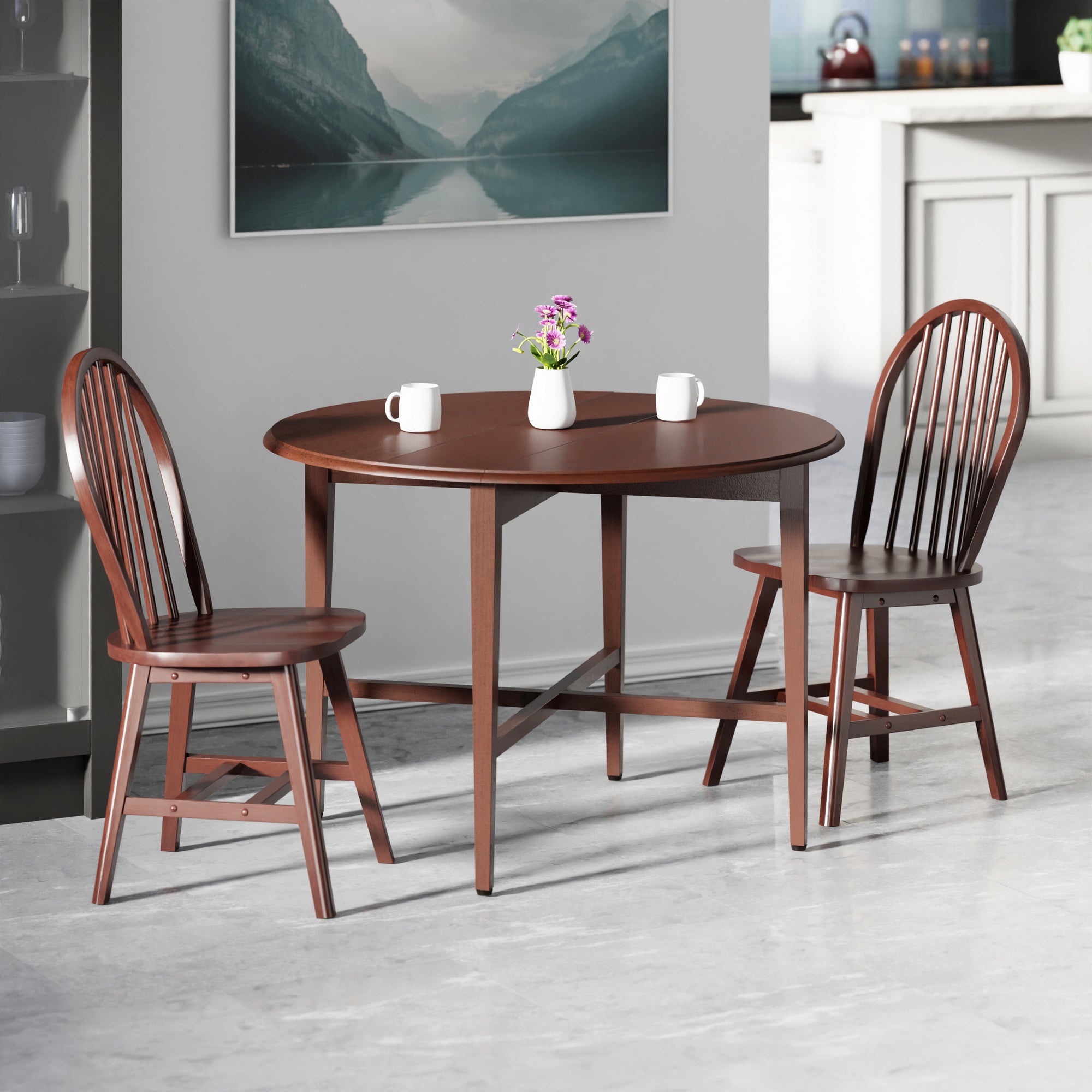Hannah 3-Pc Drop Leaf Table with Windsor Chairs, Walnut