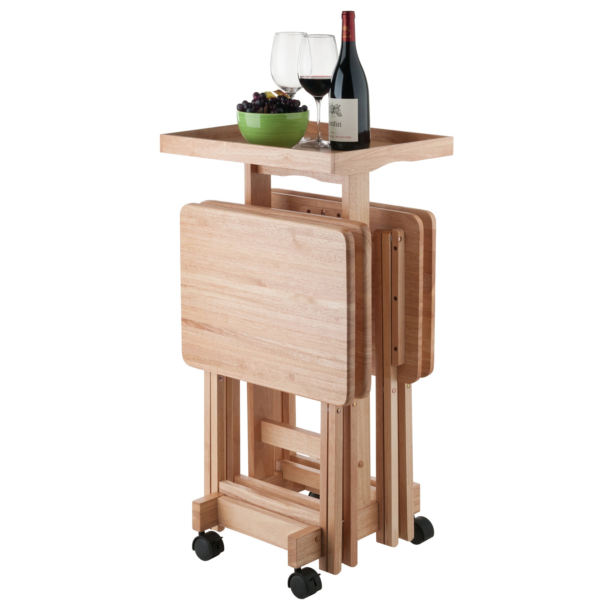 Isabelle Set of 4 Snack Tables with Mobile Stand and Removable Tray, Natural