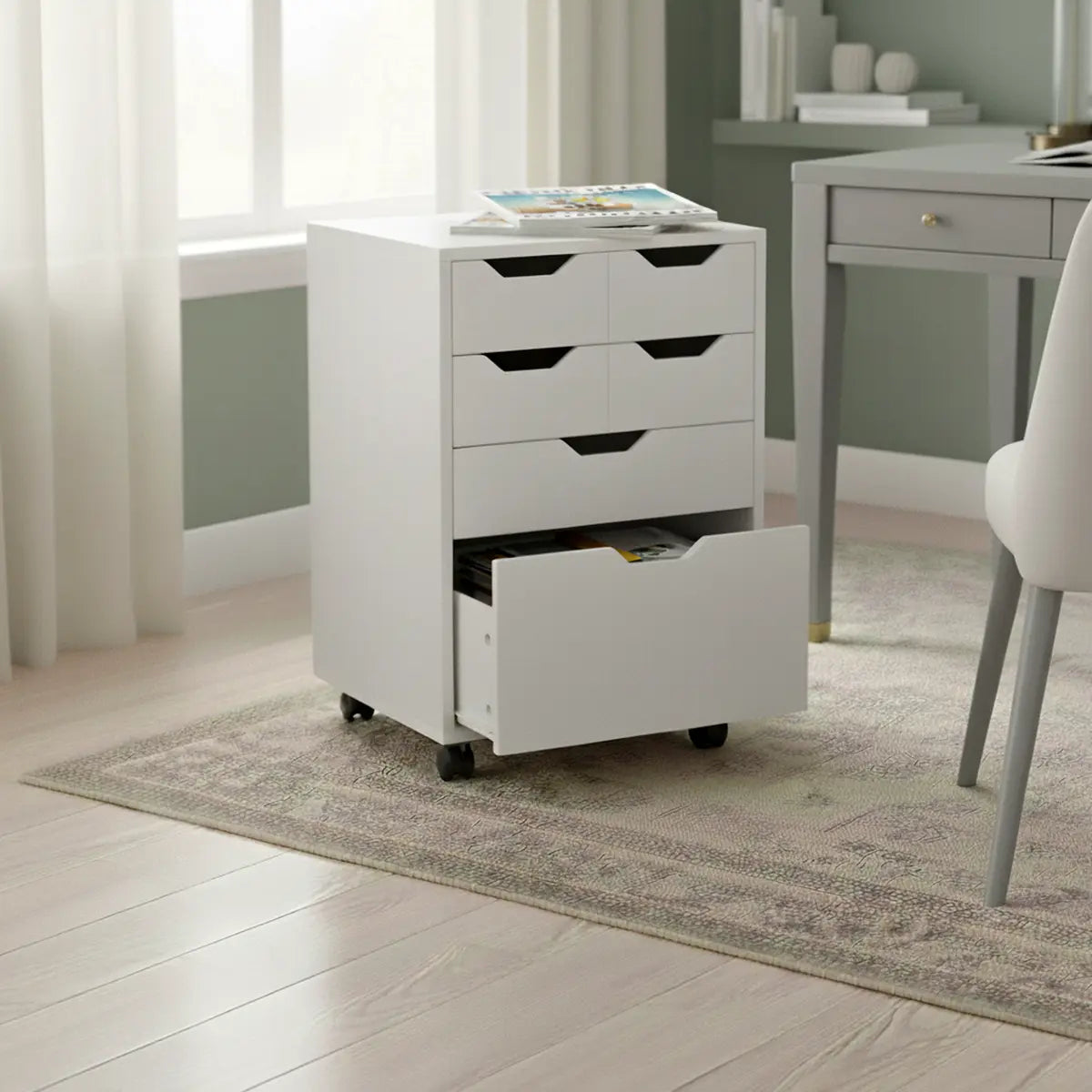 Norfolk 4 Bins, 2 Drawer Mobile Cabinet, White Finish