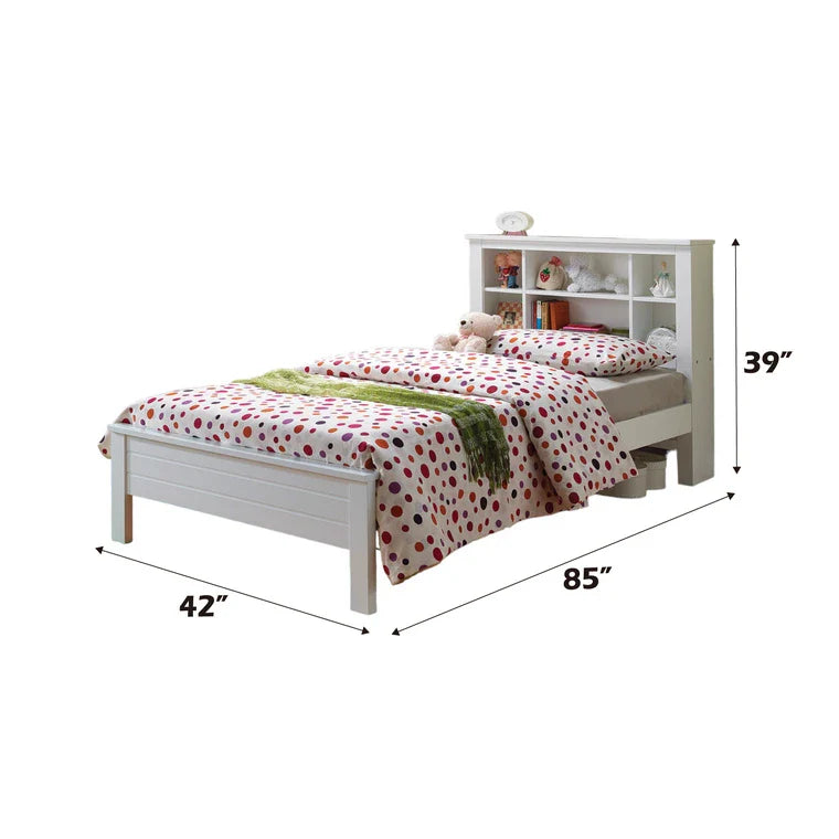 Sadan Yara Twin White Wood Storage Bed – Modern Bookcase Headboard No Box Spring Required Highlights the no box spring feature which is a selling point