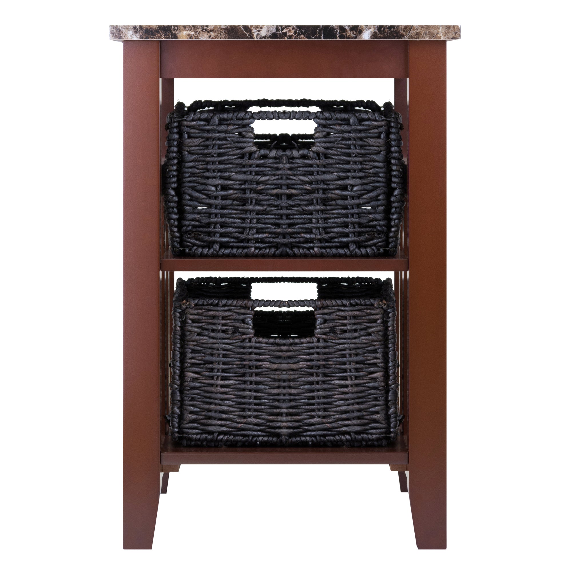 Zoey Accent Table with 2 Foldable Corn Husk Baskets, Faux Marble Top, Chocolate and Walnut
