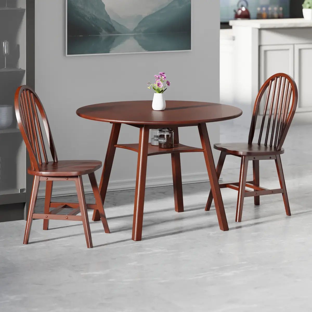 Marbelle 3-Pc Drop Leaf Dining Table with 2 Windsor Chairs, Walnut