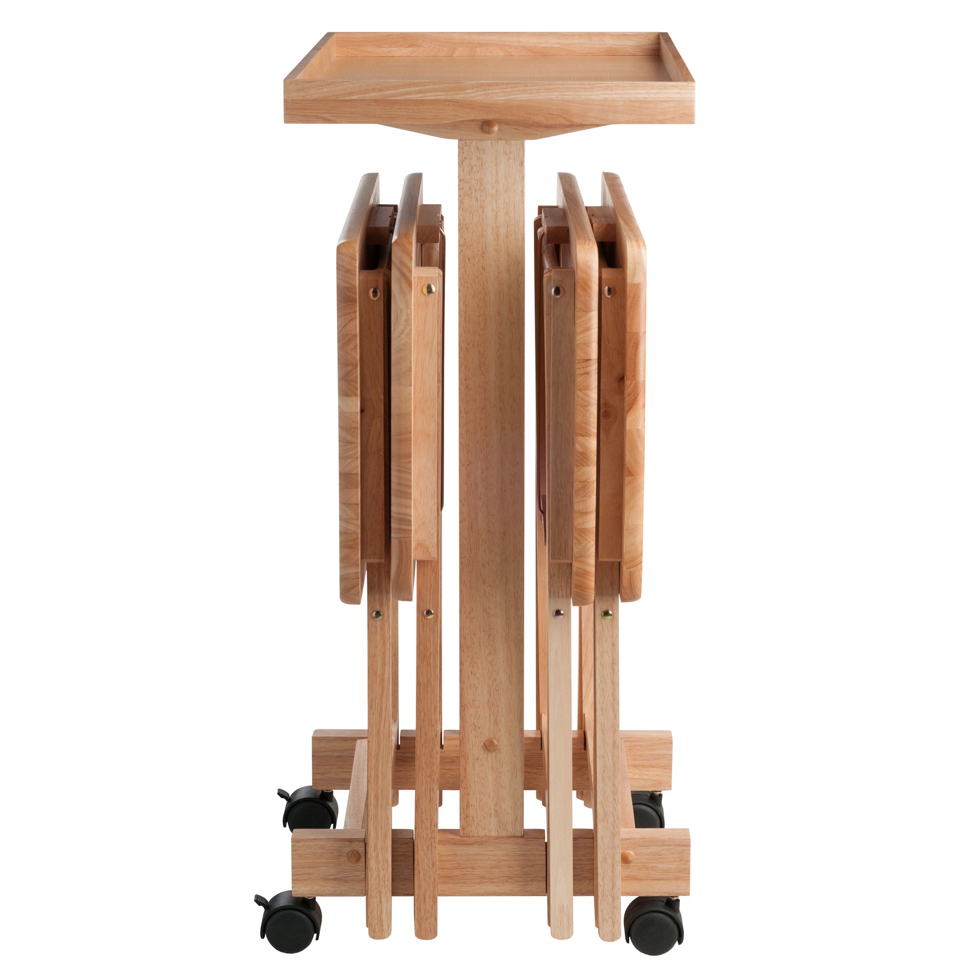Isabelle Set of 4 Snack Tables with Mobile Stand and Removable Tray, Natural