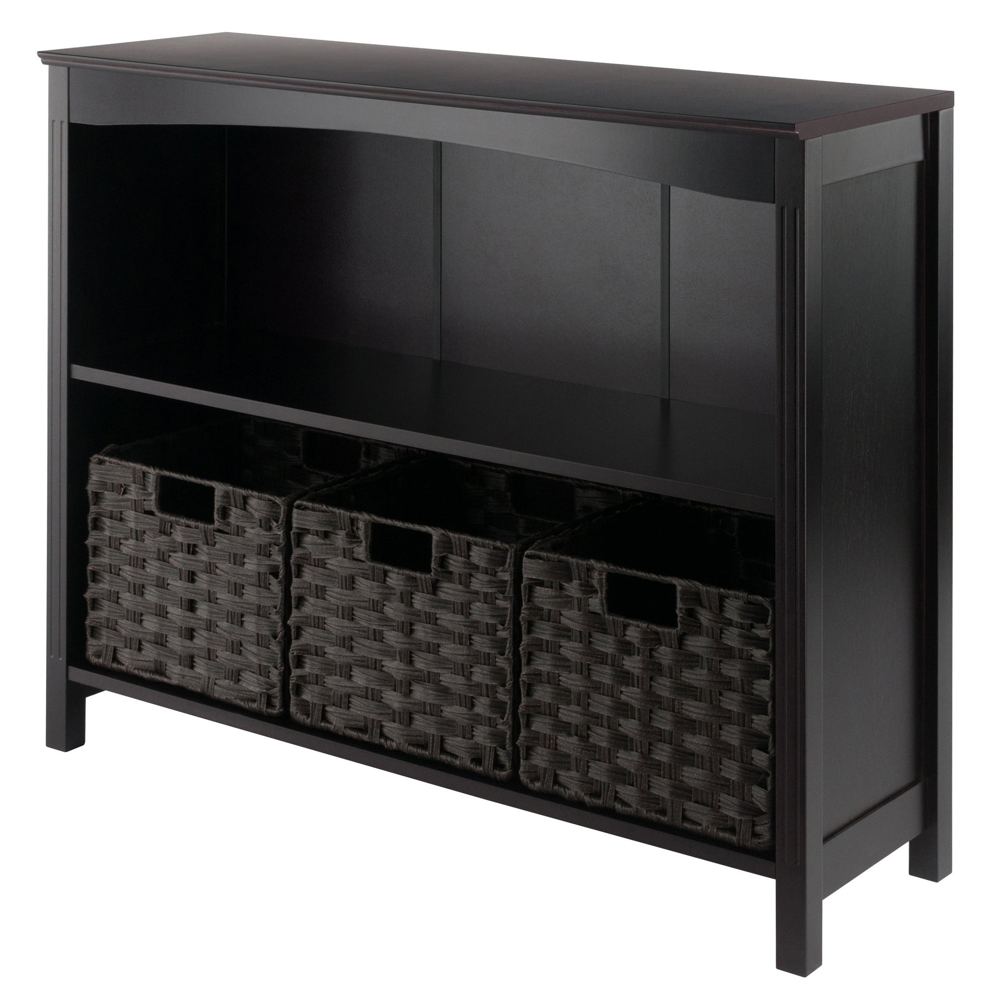 Terrace 4-Pc Storage Shelf accompanied by 3 Foldable Woven Baskets, in Walnut and Chocolate