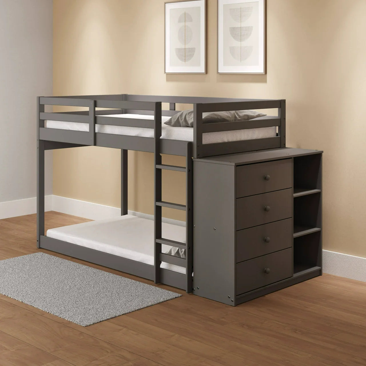 Nastik Gaston Gray Wood Bunk Bed T/T  With Drawers, Compartments & Ladder
