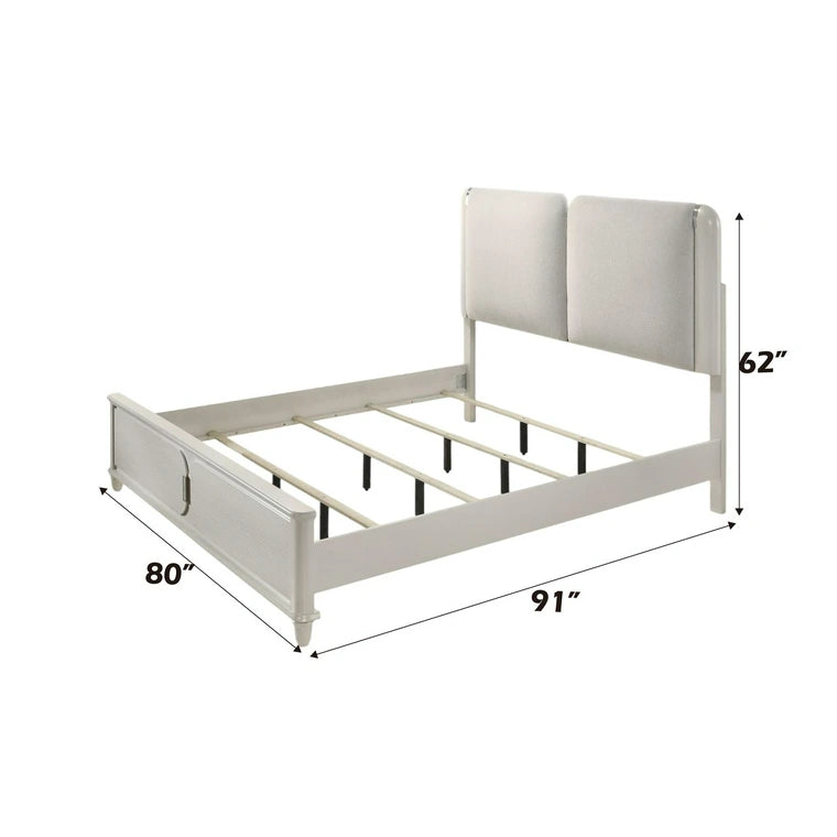 Laveda Queen Bed w/LED, Light Gray Boucle & Pearl White Finish