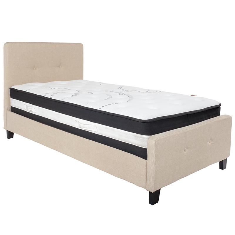 Twin Size Platform Bed in Beige Fabric with Pocket Spring Mattress