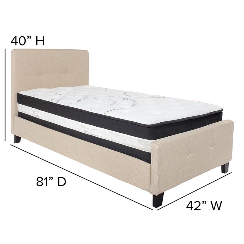 Twin Size Platform Bed in Beige Fabric with Pocket Spring Mattress