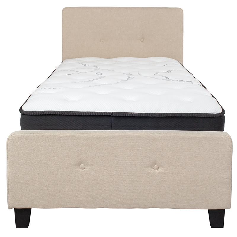 Twin Size Platform Bed in Beige Fabric with Pocket Spring Mattress