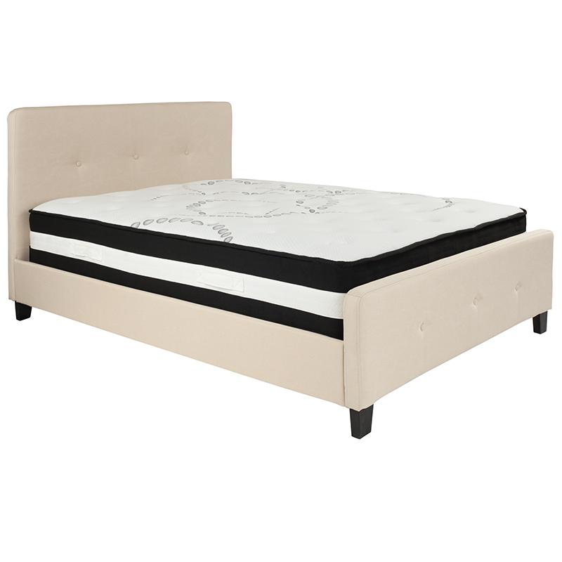 Full Size Platform Bed in Beige Fabric with Pocket Spring Mattress