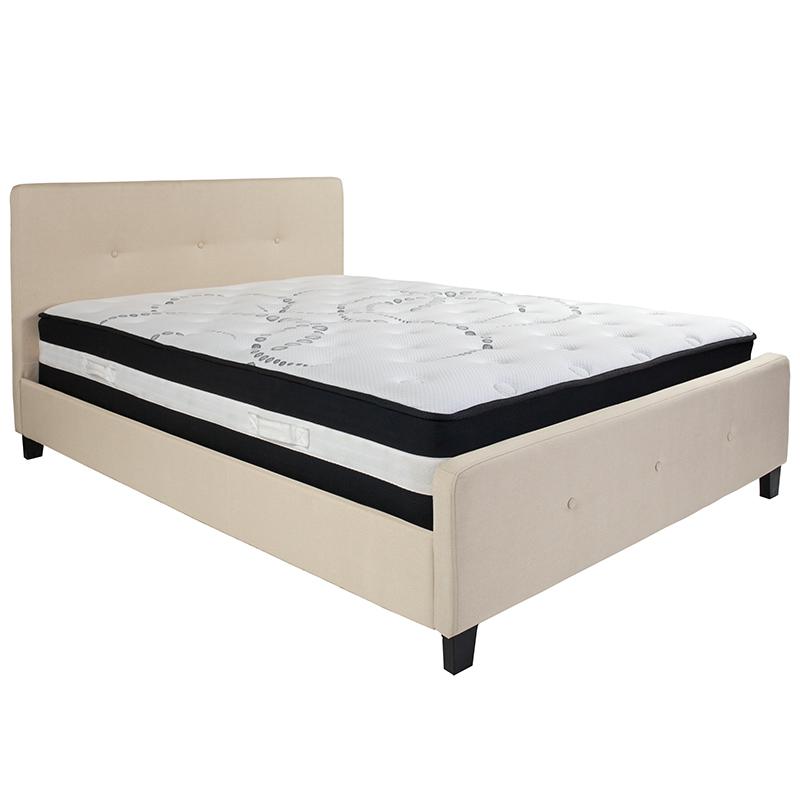 Queen Size Platform Bed in Beige Fabric with Pocket Spring Mattress