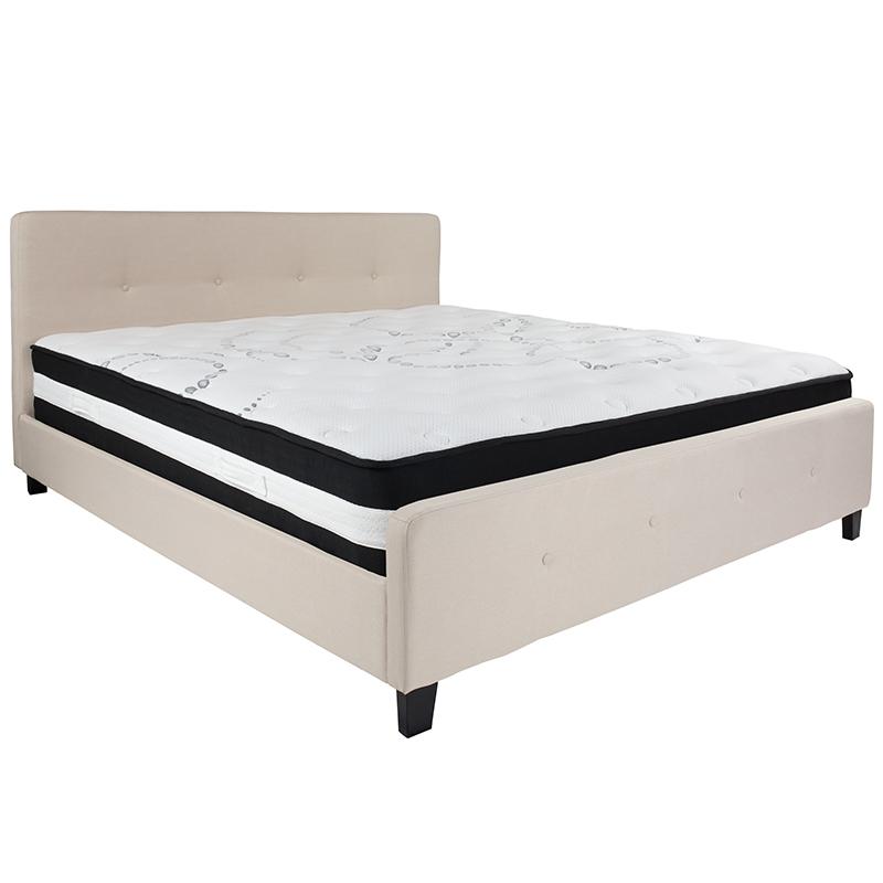 King Size Platform Bed in Beige Fabric with Pocket Spring Mattress