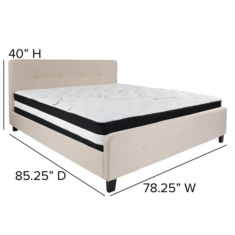 King Size Platform Bed in Beige Fabric with Pocket Spring Mattress