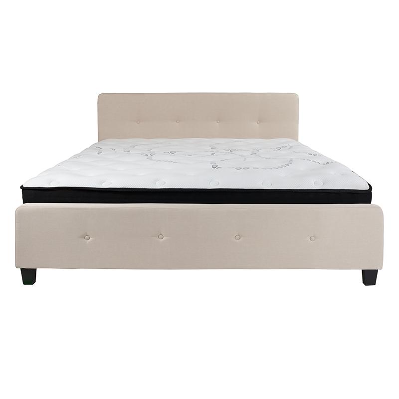 King Size Platform Bed in Beige Fabric with Pocket Spring Mattress