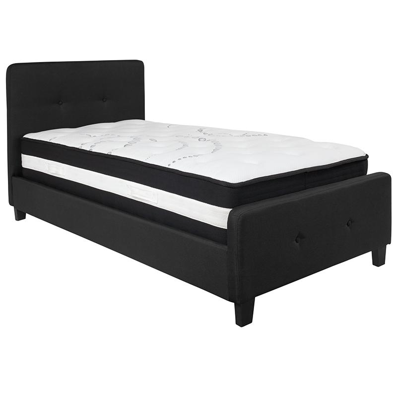 Twin Size Platform Bed in Beige Fabric with Pocket Spring Mattress