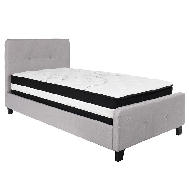 Twin Size Platform Bed in Beige Fabric with Pocket Spring Mattress