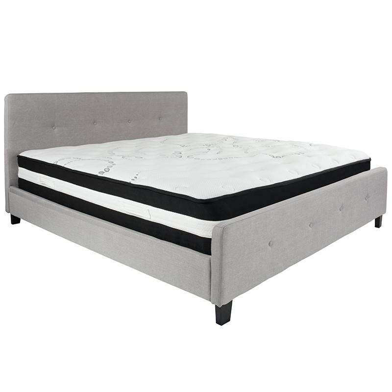 King Size Platform Bed in Beige Fabric with Pocket Spring Mattress