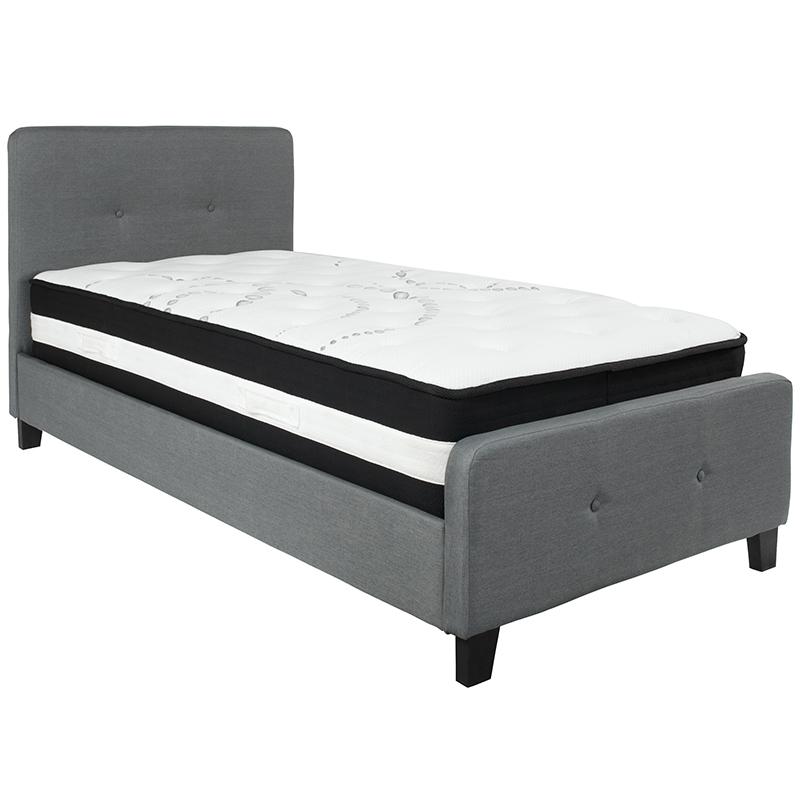 Twin Size Platform Bed in Beige Fabric with Pocket Spring Mattress