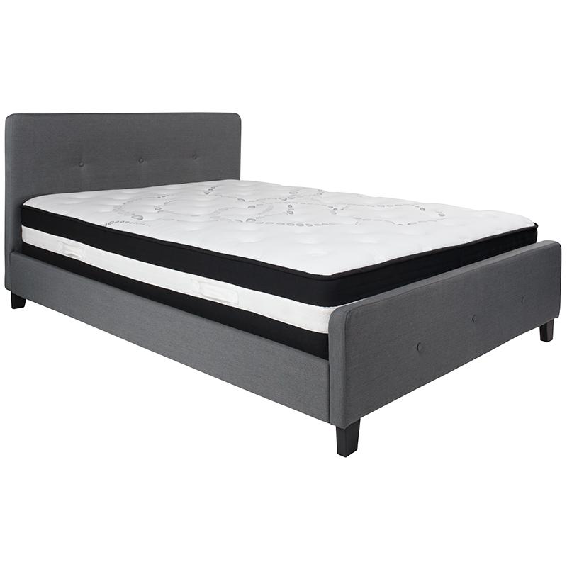 Queen Size Platform Bed in Beige Fabric with Pocket Spring Mattress