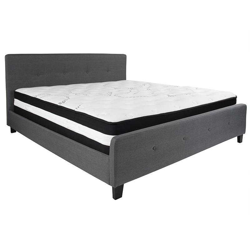 King Size Platform Bed in Beige Fabric with Pocket Spring Mattress