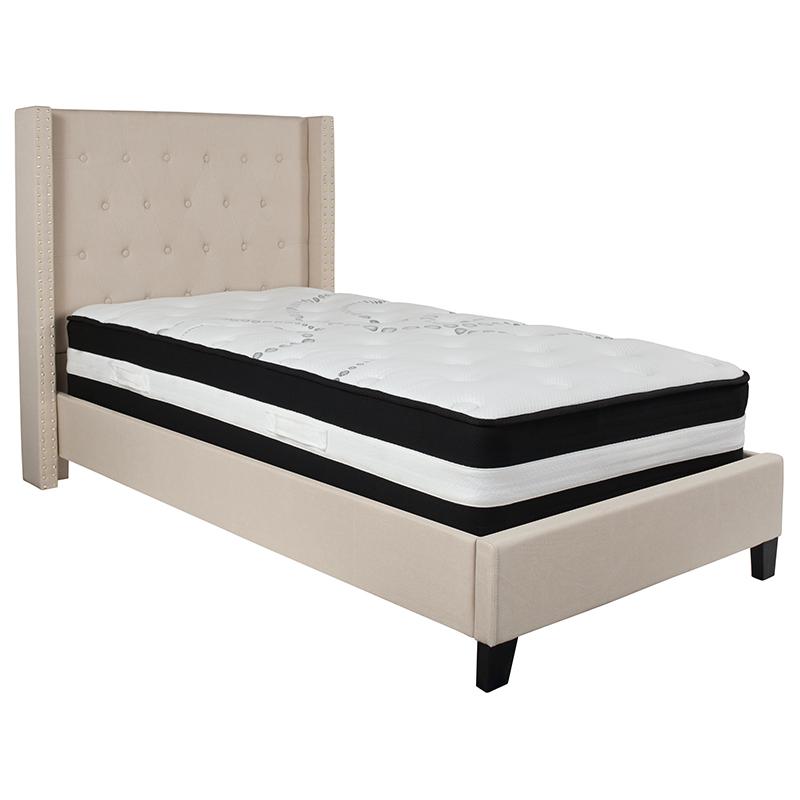 Kathy Twin Size Platform Bed in Beige Fabric with Pocket Spring Mattress