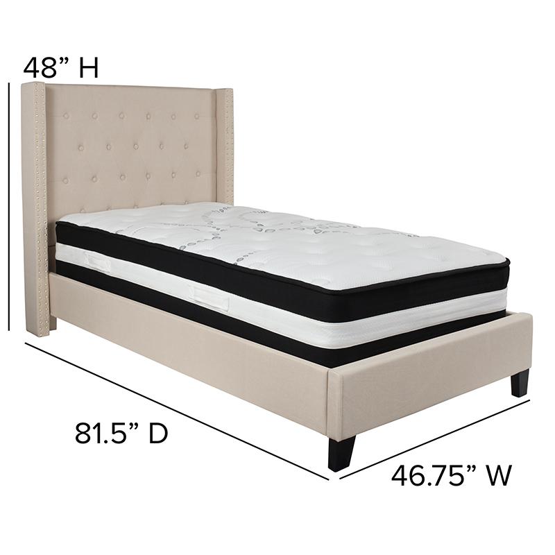 Kathy Twin Size Platform Bed in Beige Fabric with Pocket Spring Mattress