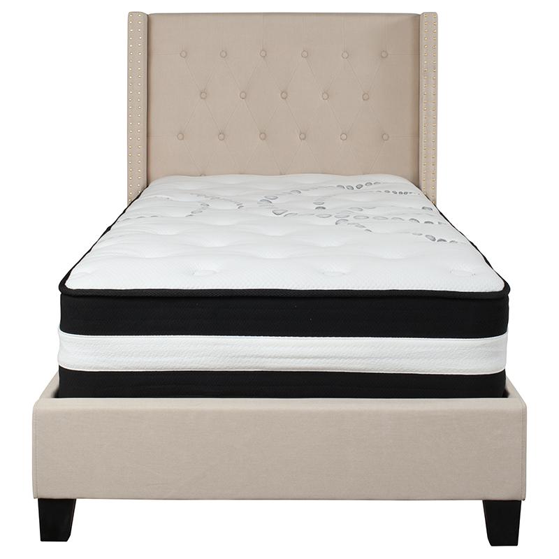 Kathy Twin Size Platform Bed in Beige Fabric with Pocket Spring Mattress