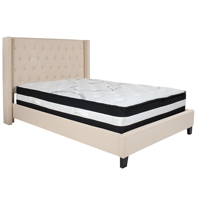 Kathy Full Size Platform Bed in Beige Fabric with Pocket Spring Mattress