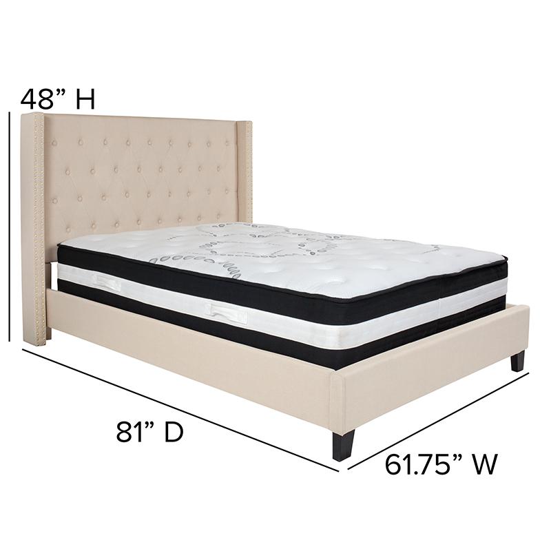 Kathy Full Size Platform Bed in Beige Fabric with Pocket Spring Mattress