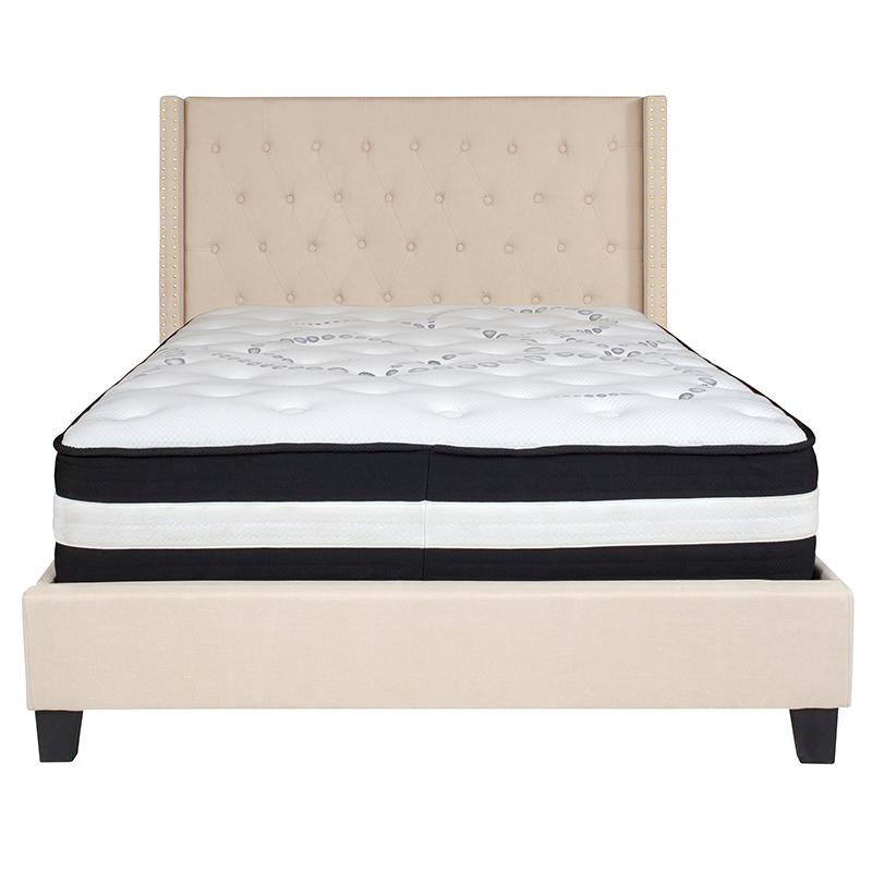 Kathy Full Size Platform Bed in Beige Fabric with Pocket Spring Mattress