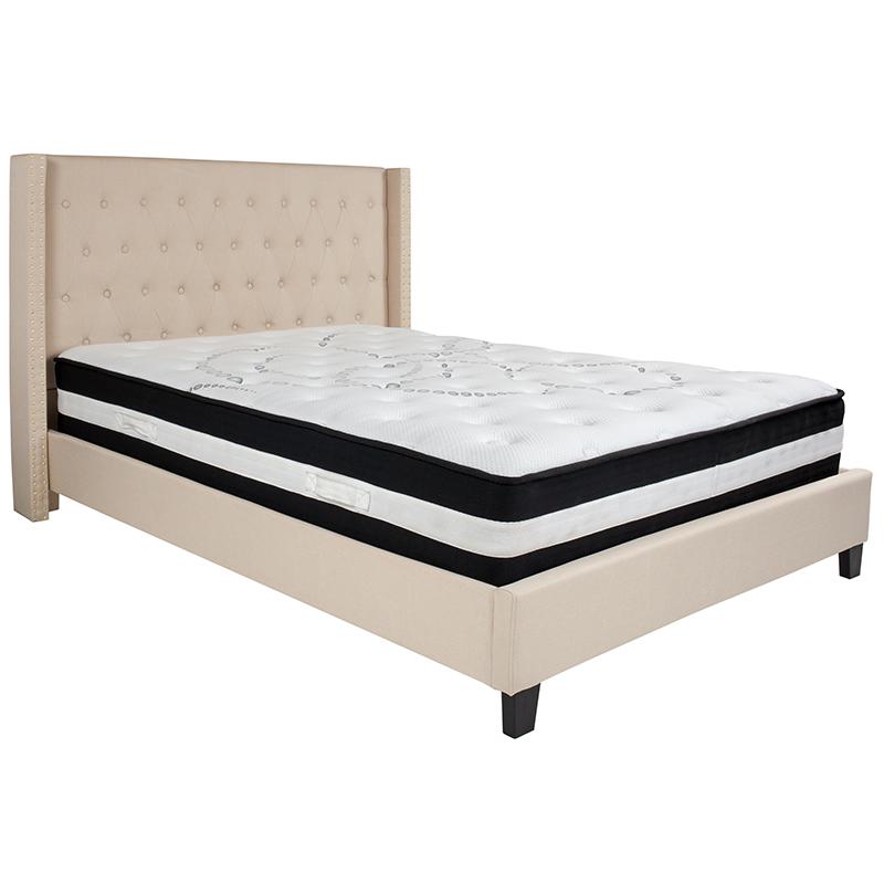 Kathy Queen Size Platform Bed in Beige Fabric with Pocket Spring Mattress