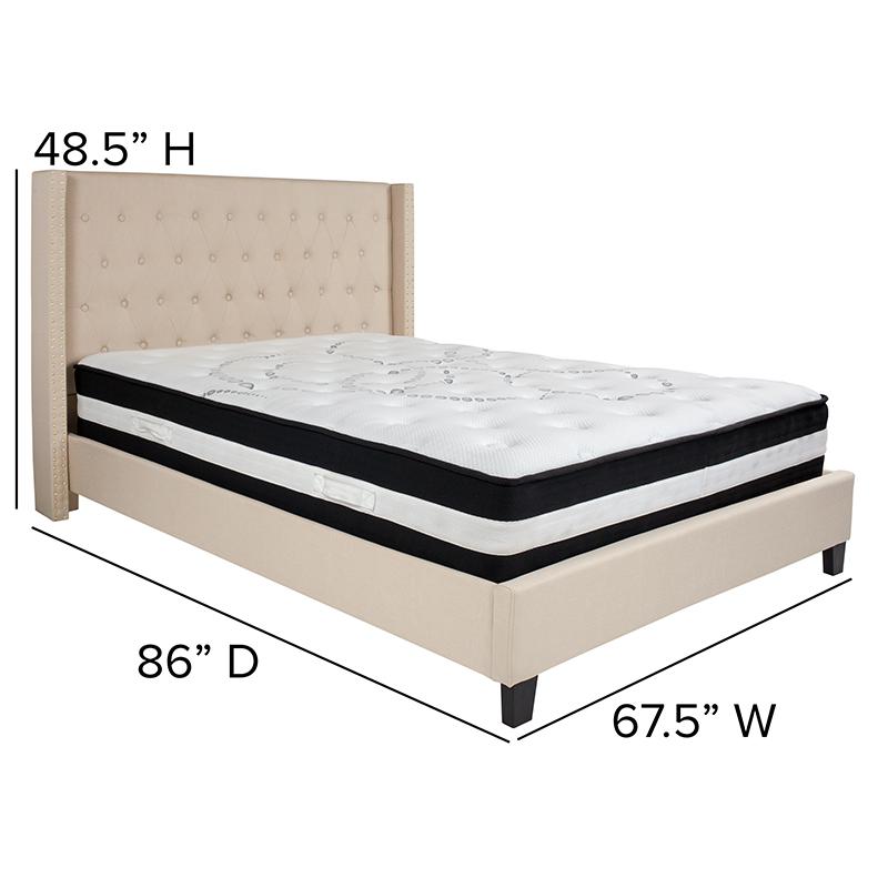 Kathy Queen Size Platform Bed in Beige Fabric with Pocket Spring Mattress