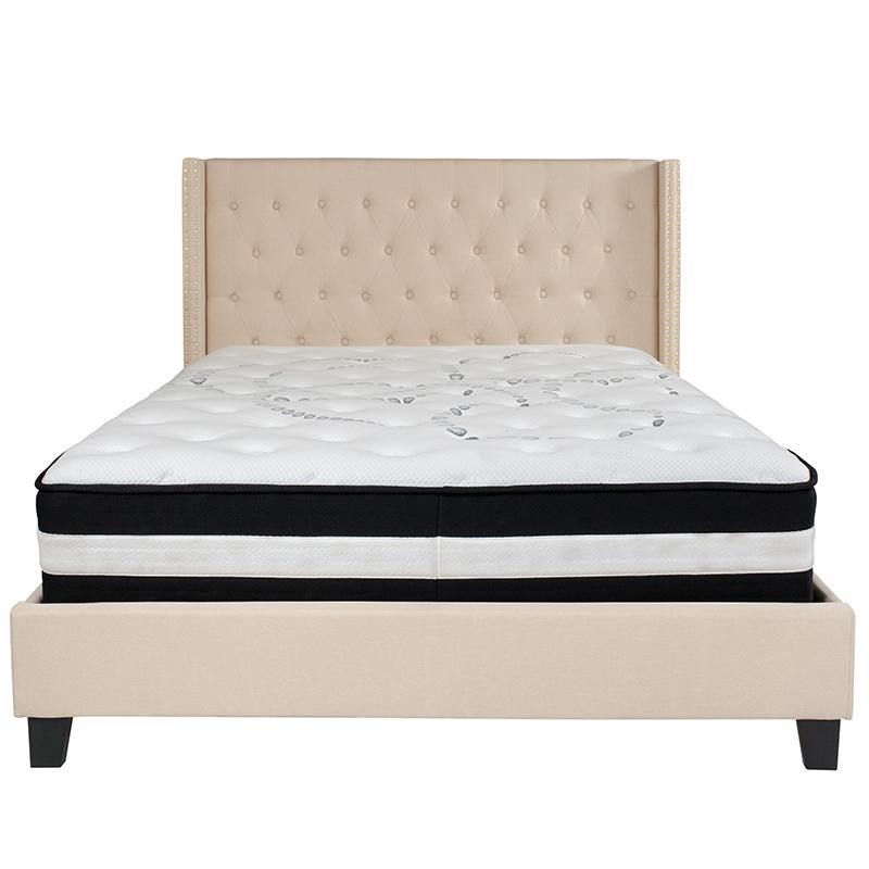 Kathy Queen Size Platform Bed in Beige Fabric with Pocket Spring Mattress