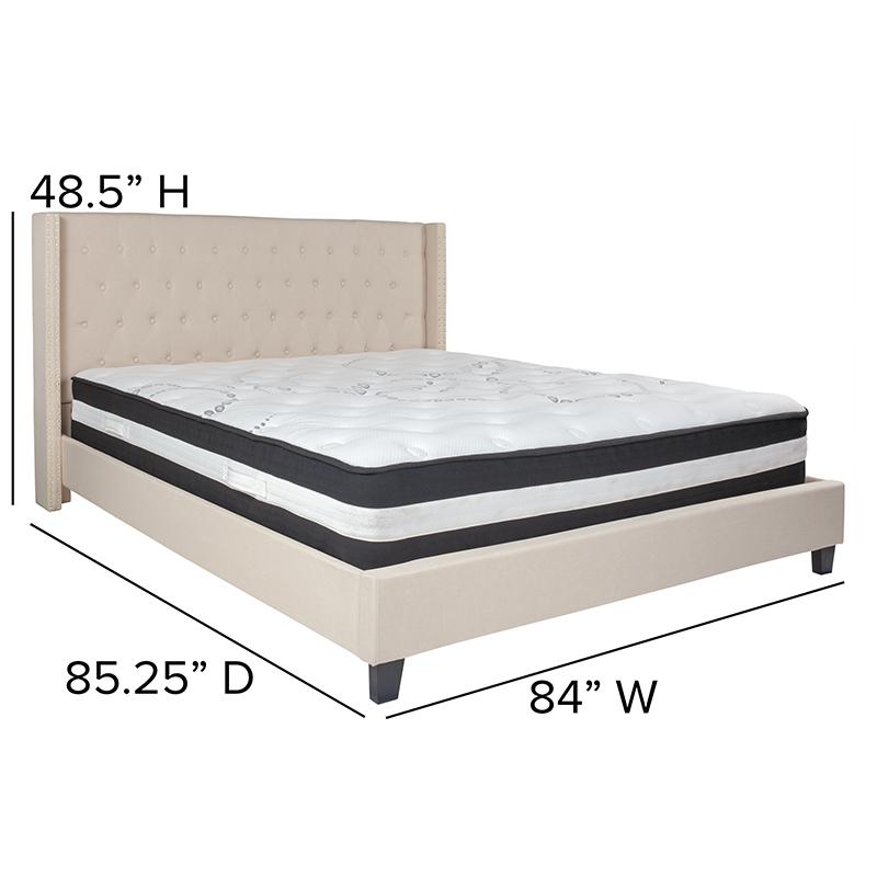 Kathy King Size Platform Bed in Beige Fabric with Pocket Spring Mattress