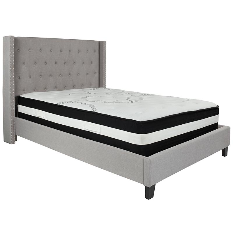 Kathy Full Size Platform Bed in Beige Fabric with Pocket Spring Mattress